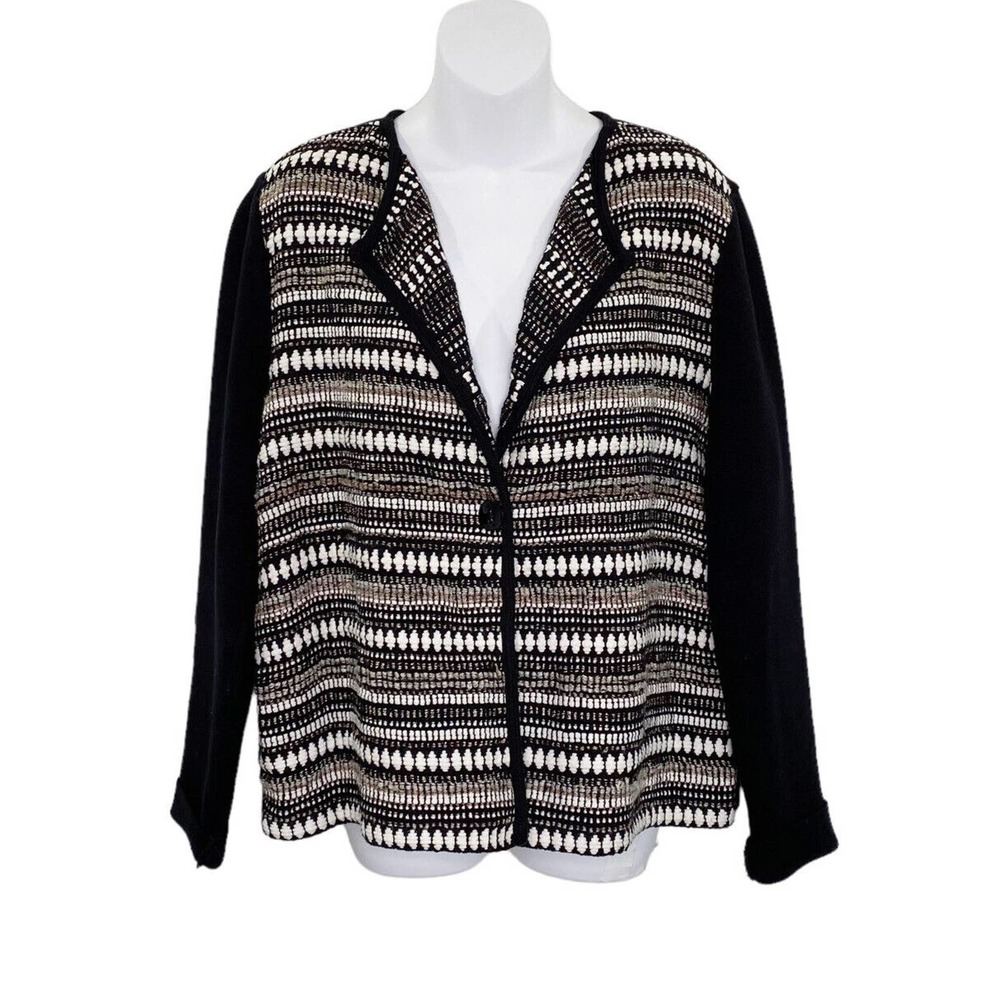 Chico's Black & White Patterned Open-Front Cardigan. Size 2